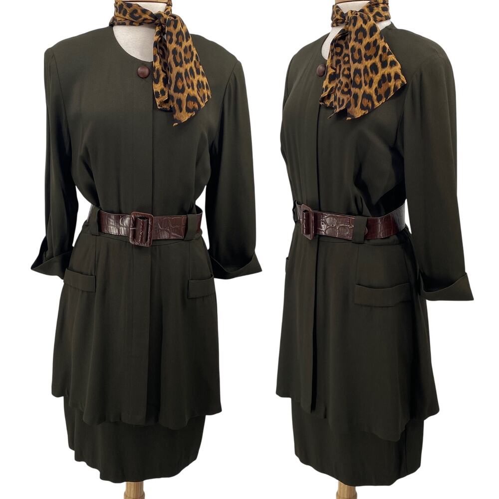 Vintage 80s Layered Blazer Dress Buckle Belted Midi Leopard Print Scarf Green 10